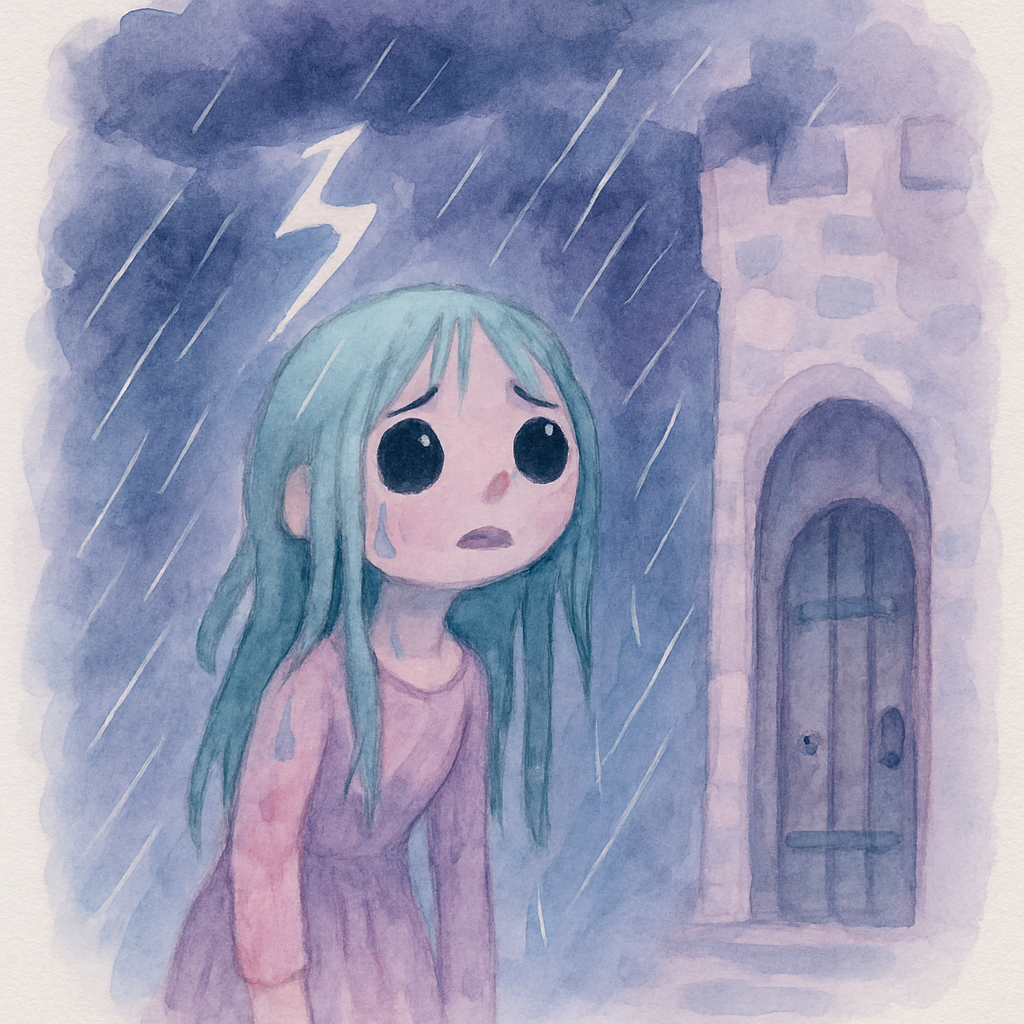 폭풍우 치는 밤, 성문 앞에서 비를 맞은 아가씨가 서 있는 장면